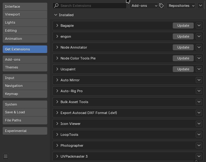 Screenshot of your Ǵet extensions’section of your Blender Preferences